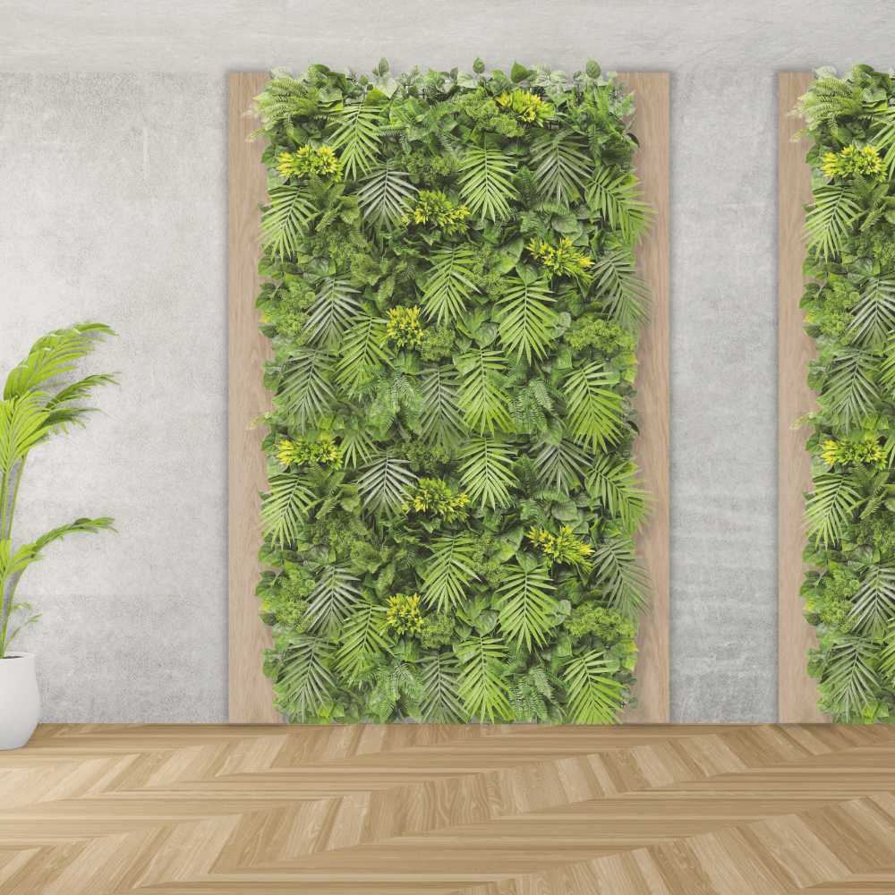 Hawaiian Sunrise flowering artificial vertical garden green wall panel by Designer Plants USA, UV resistant, 40x40 inches, commercial grade.