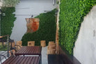 Artificial jasmine green wall panel with ivy and hedge shapes, UV resistant, commercial-grade vertical garden by Designer Plants USA.