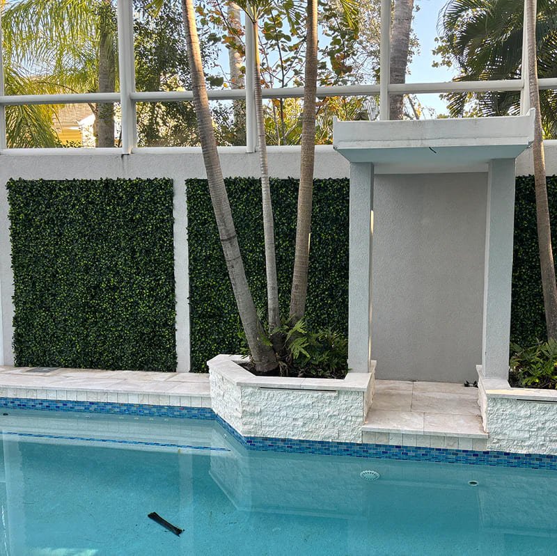 Jasmine artificial vertical garden green wall panel by Designer Plants USA, UV resistant living wall for outdoor pool area, 40x40 inches