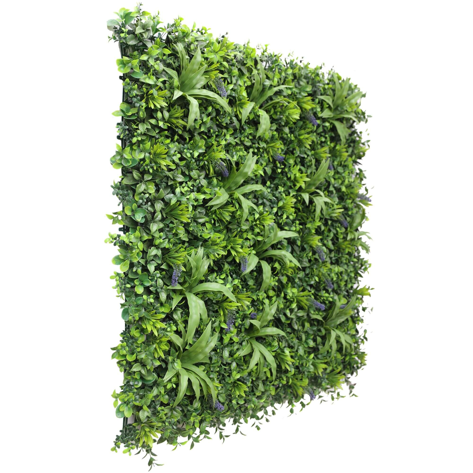 Side view of a 40x40 inch artificial lavender fields vertical garden panel by Designer Plants USA, UV resistant, commercial grade.