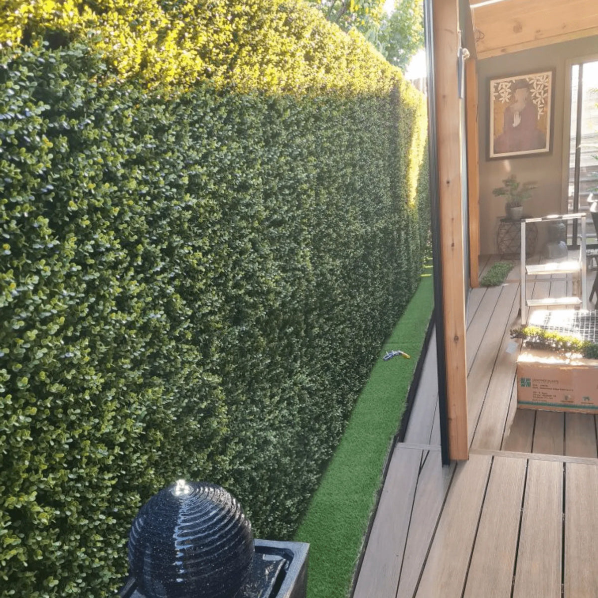 Artificial boxwood vertical garden panel by Designer Plants USA, UV resistant living wall with lush green faux foliage, 40x40 inches.