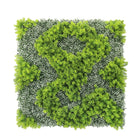Artificial green wall panel with lush green and white moss for vertical gardens, UV resistant, 40x40 inches, commercial grade.