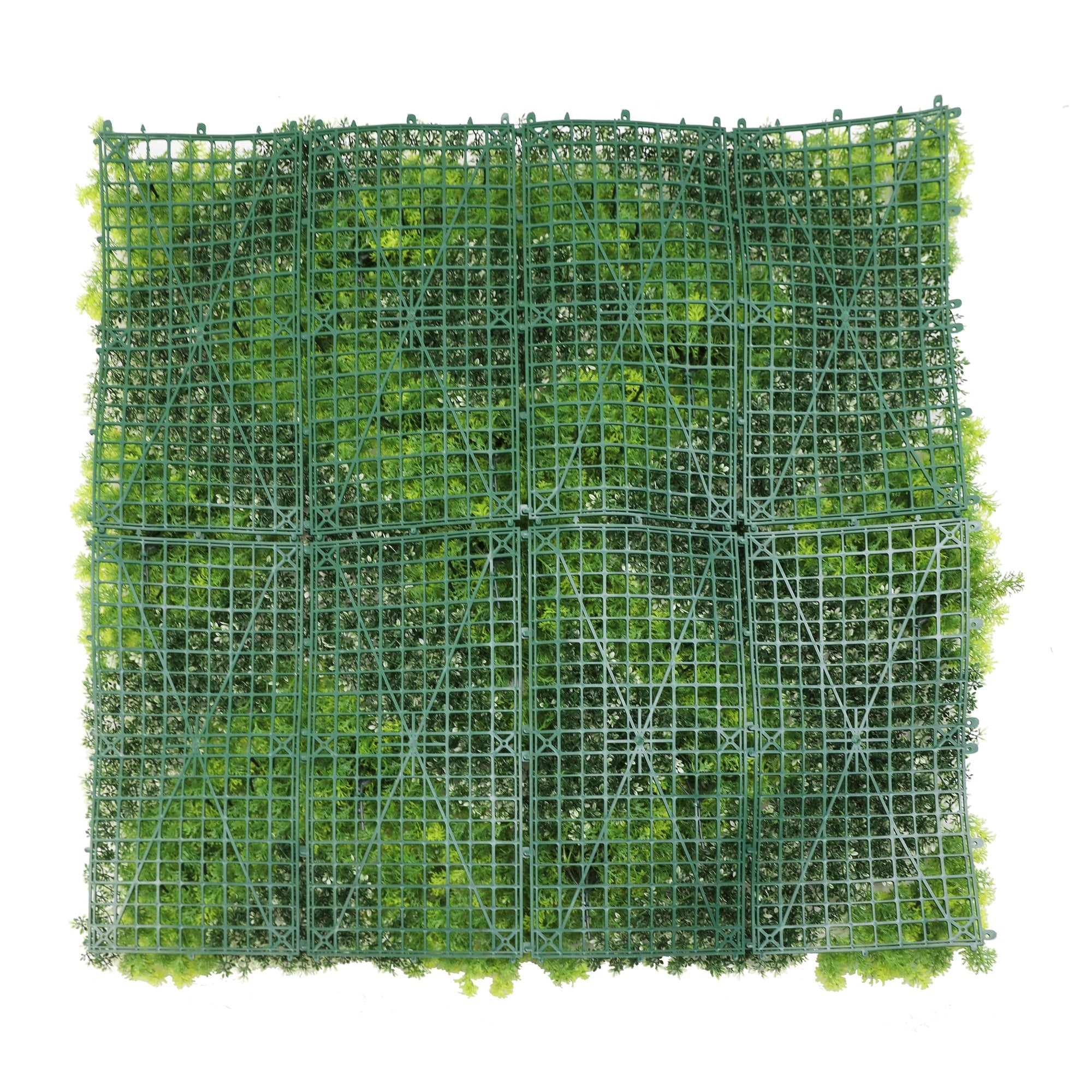 Artificial green wall panel with lush green and white moss for living walls, UV resistant, 40x40 inches, commercial grade by Designer Plants USA.