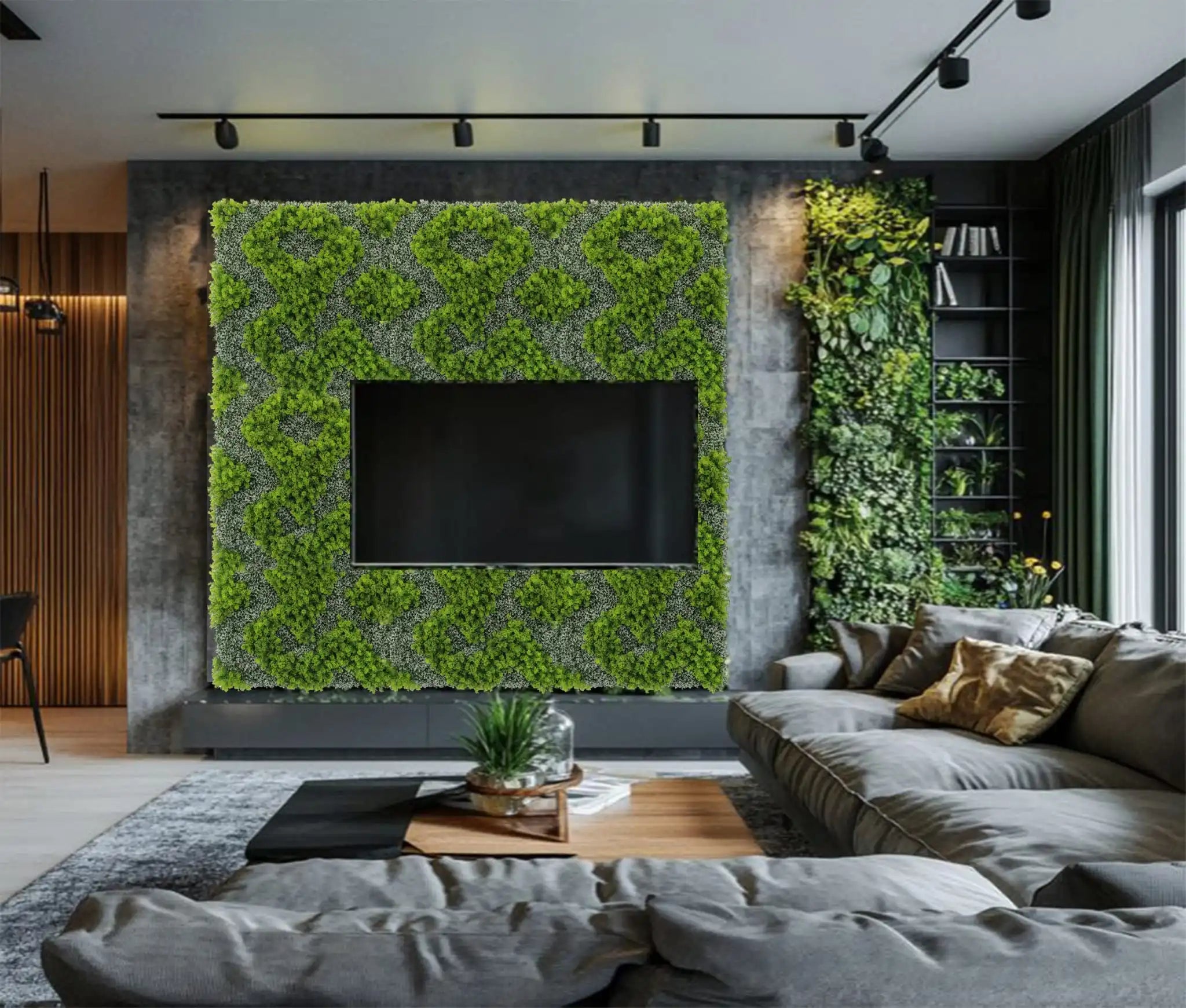 White moss artificial vertical garden panel by Designer Plants USA, UV resistant living wall with green and white moss for commercial use.