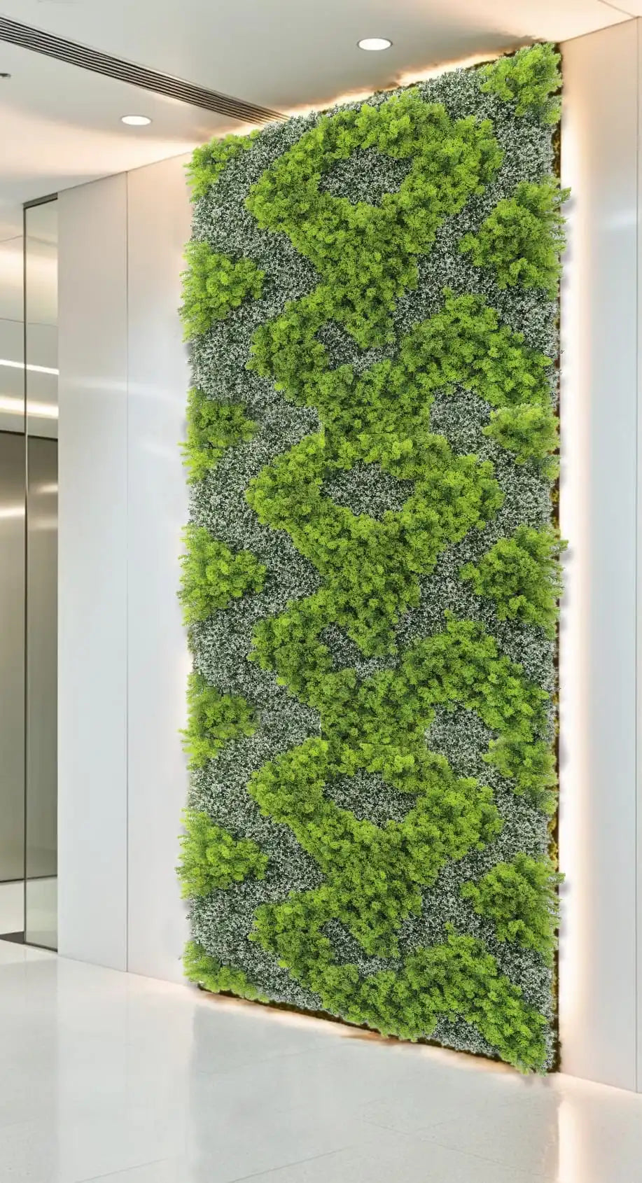 Artificial vertical garden wall panel with white moss, UV resistant, 40x40 inches, designed for commercial-grade living wall installations.