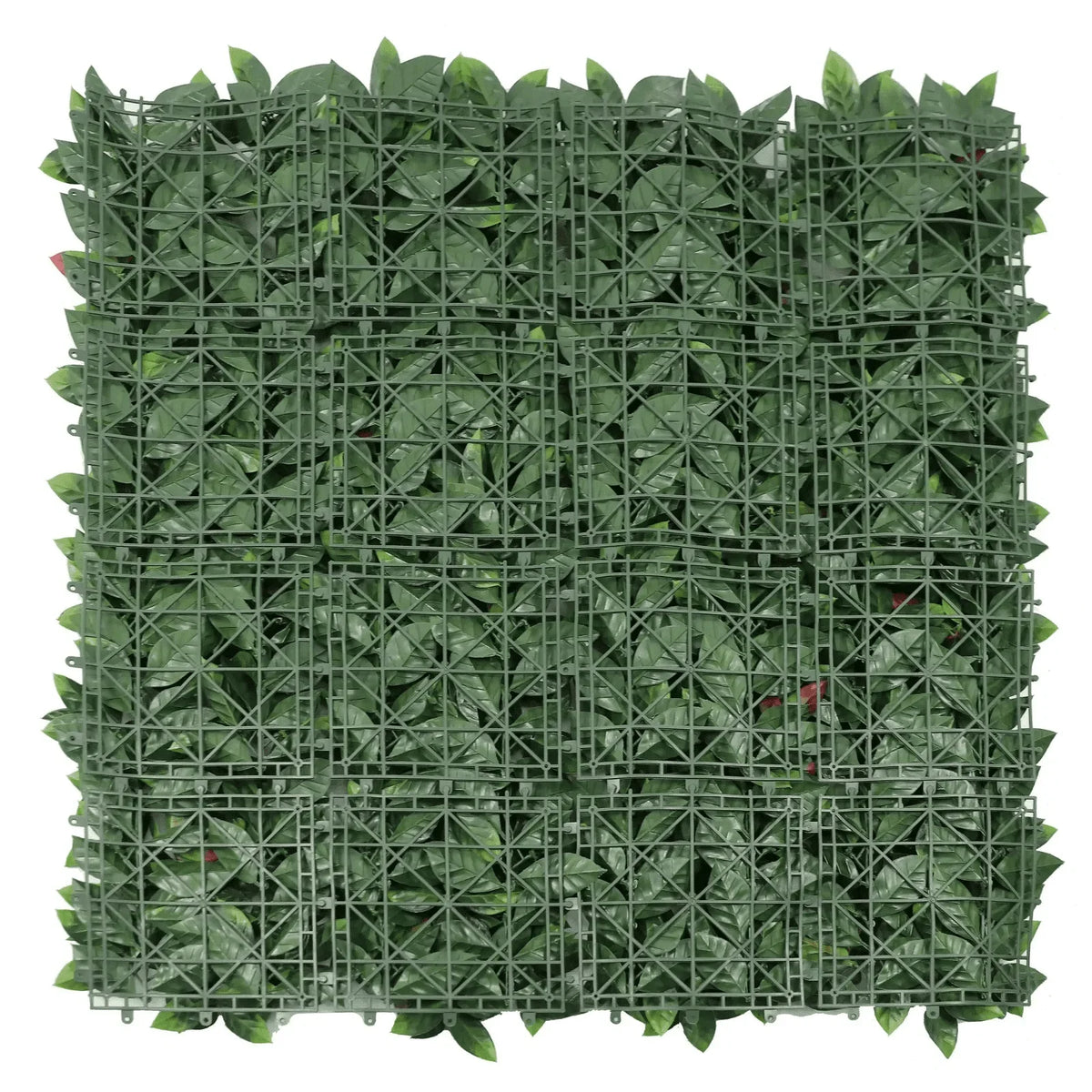 Back view of Designer Plants USA Photinia artificial vertical garden panel, dense green wall with UV-resistant commercial-grade material.
