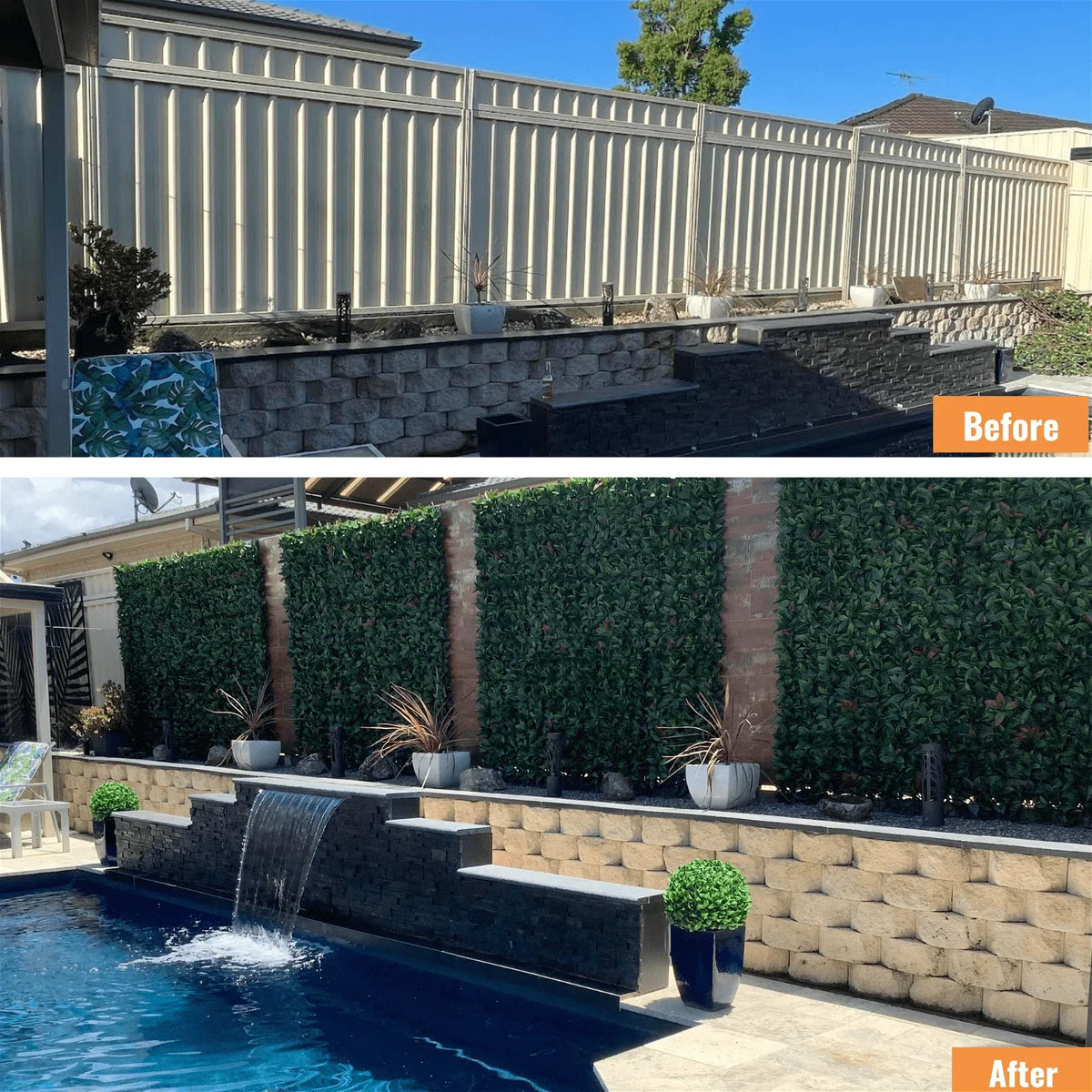 Before and after images of a Photinia Artificial Vertical Garden Green Wall Panel by Designer Plants USA, UV resistant, 40x40 inch.