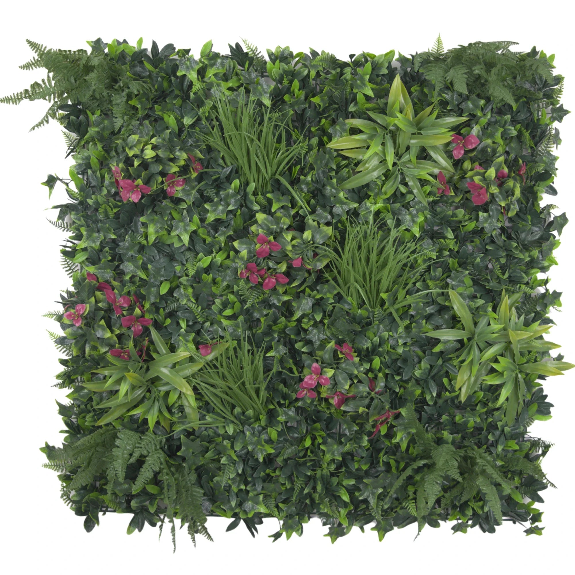 Pink Sensation artificial vertical garden panel by Designer Plants USA, featuring lush lilac flowers on a UV-resistant living wall.