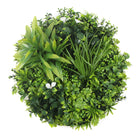 Slimline white artificial green wall disc with white frame, UV resistant flowering design, ideal for living wall decor.