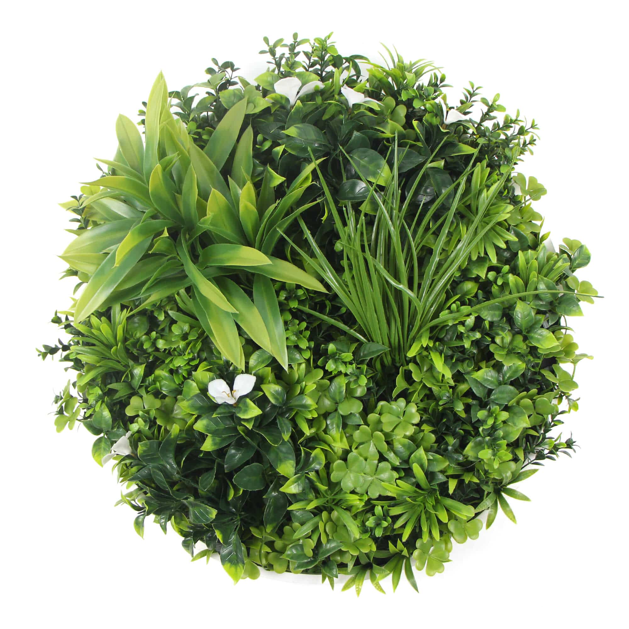 Slimline white artificial green wall disc with white frame, UV resistant flowering design, ideal for living wall decor.