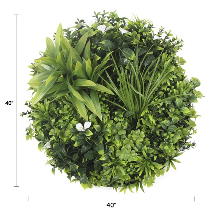 Slimline white flowering artificial green wall disc with white frame, UV resistant living wall by Designer Plants USA, 40 inches.