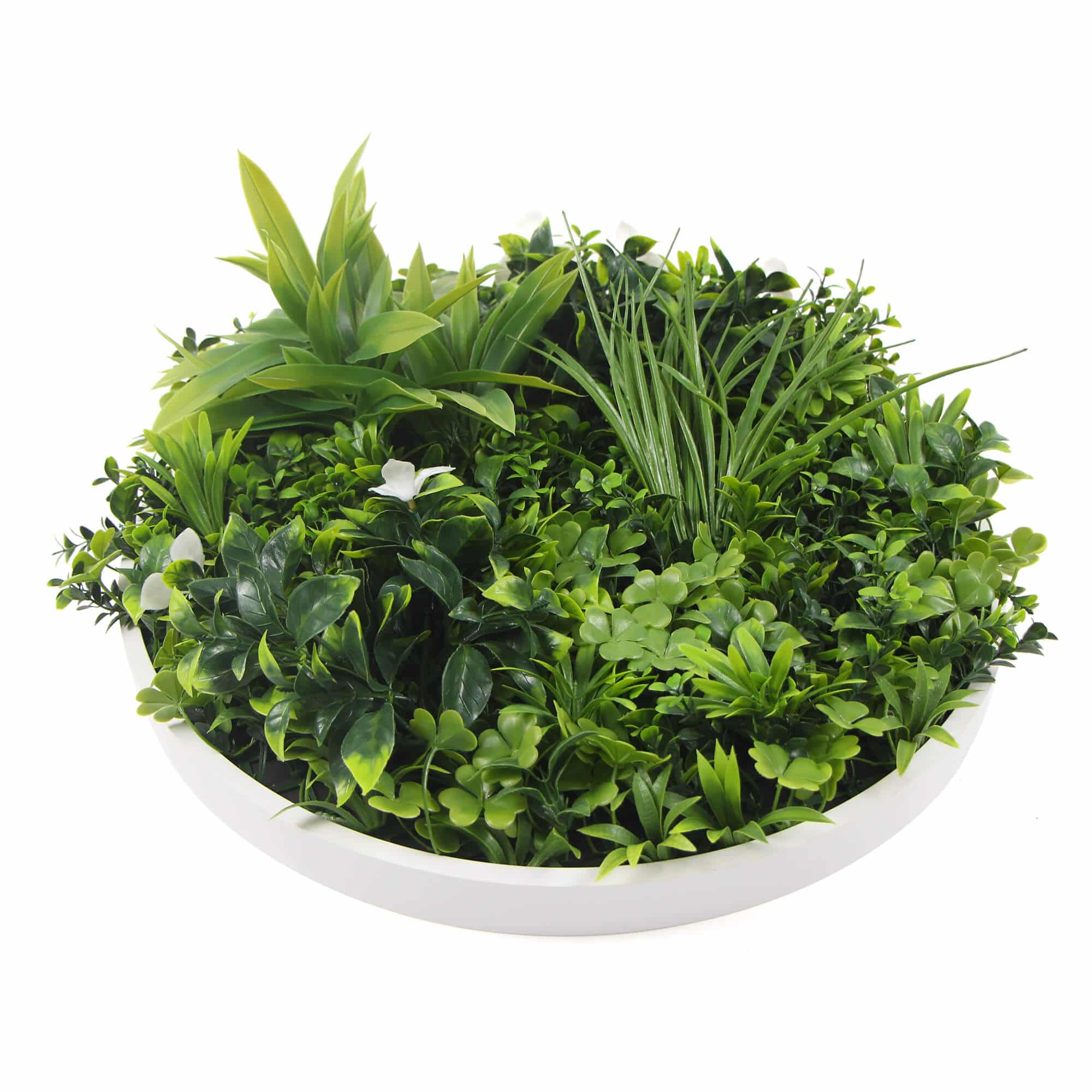 Slimline white artificial green wall disc with flowering plants, white frame, UV resistant, ideal for living wall decor by Designer Plants USA.