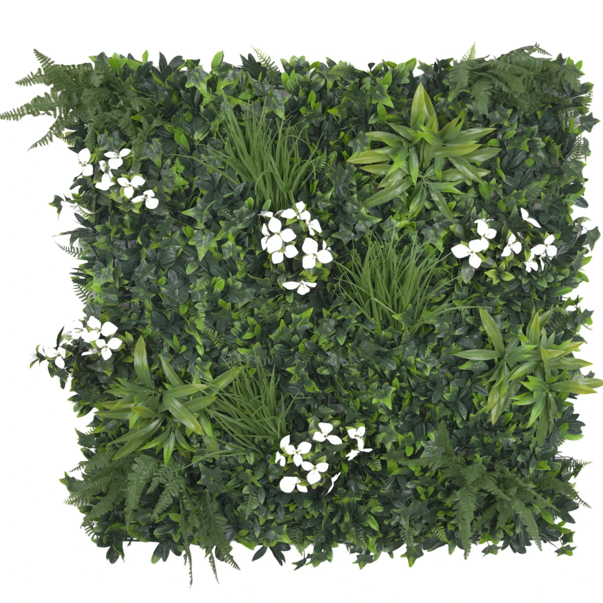 Snowy white artificial vertical garden wall panel by Designer Plants USA, UV resistant, 40x40 inches, perfect for commercial living walls.