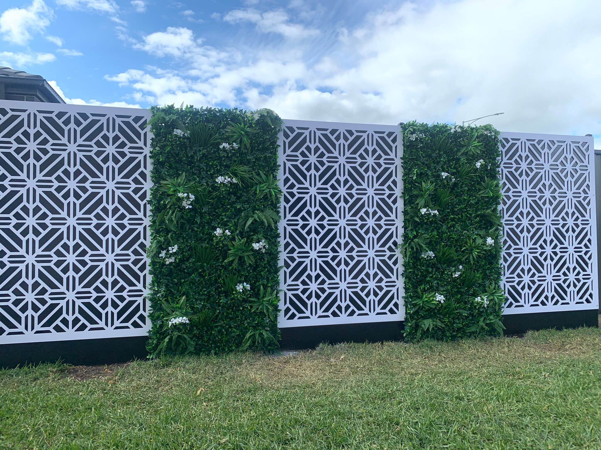 Snowy White artificial vertical garden wall panel by Designer Plants USA, UV resistant, 40x40 inches, commercial-grade living wall.