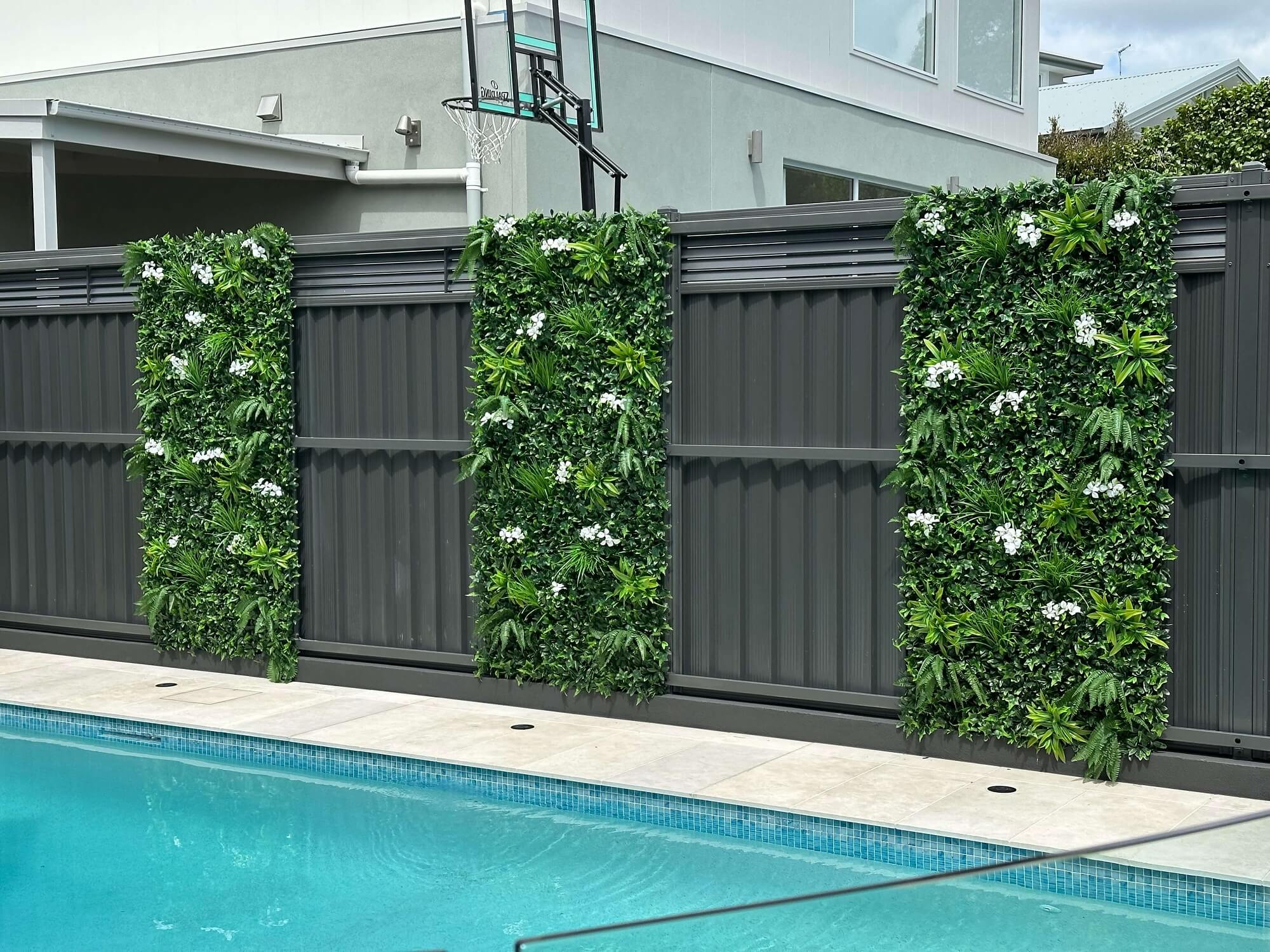 Artificial ivy panel with white flowers, 40x40 inch white vertical garden wall, UV resistant, commercial-grade Designer Plants USA living wall