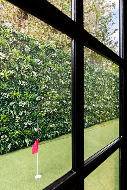 Snowy white artificial vertical garden wall panel by Designer Plants USA, UV resistant, 40x40 inch living wall for outdoor or indoor use.