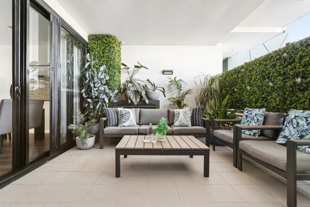 Artificial vertical garden panel by Designer Plants USA, 40x40 inch green wall with UV-resistant, commercial-grade living wall design.