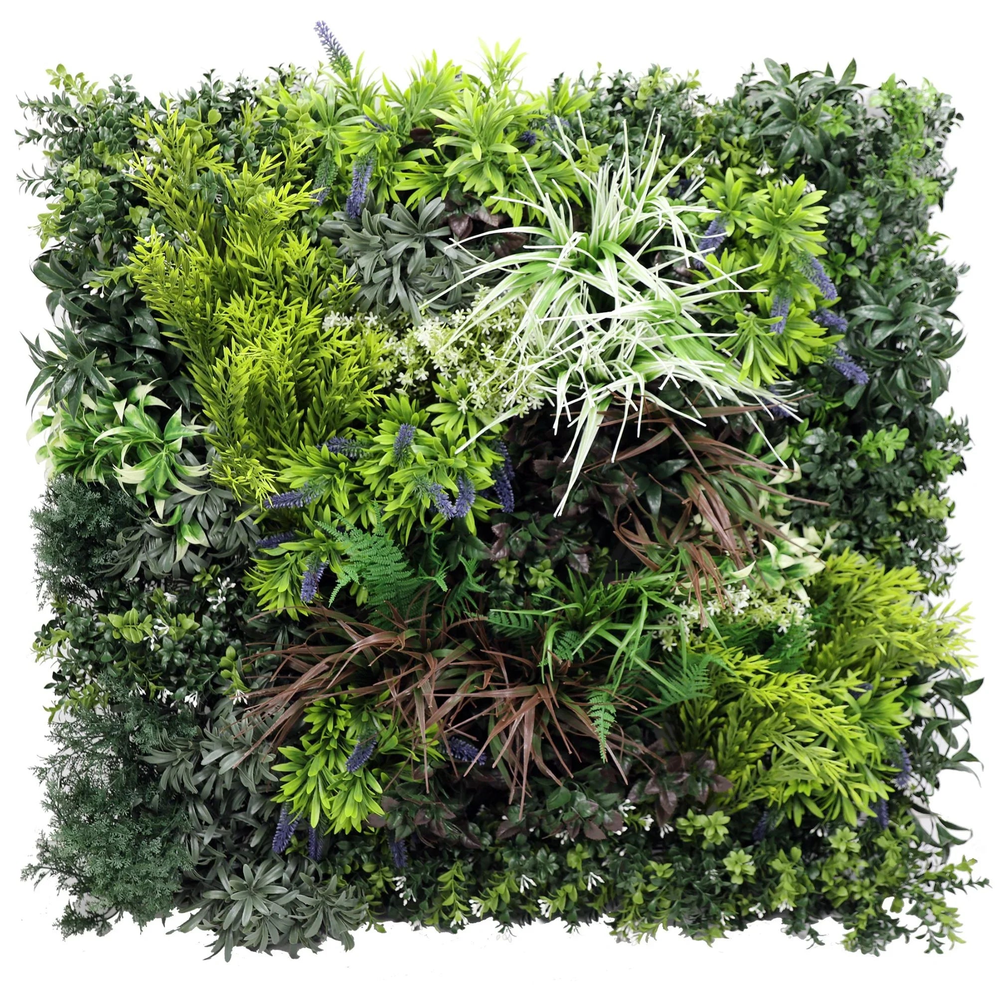 Overhead view of a Designer Plants USA tropical artificial vertical garden wall panel, 35x35 inches, UV resistant, fire rated, commercial grade.