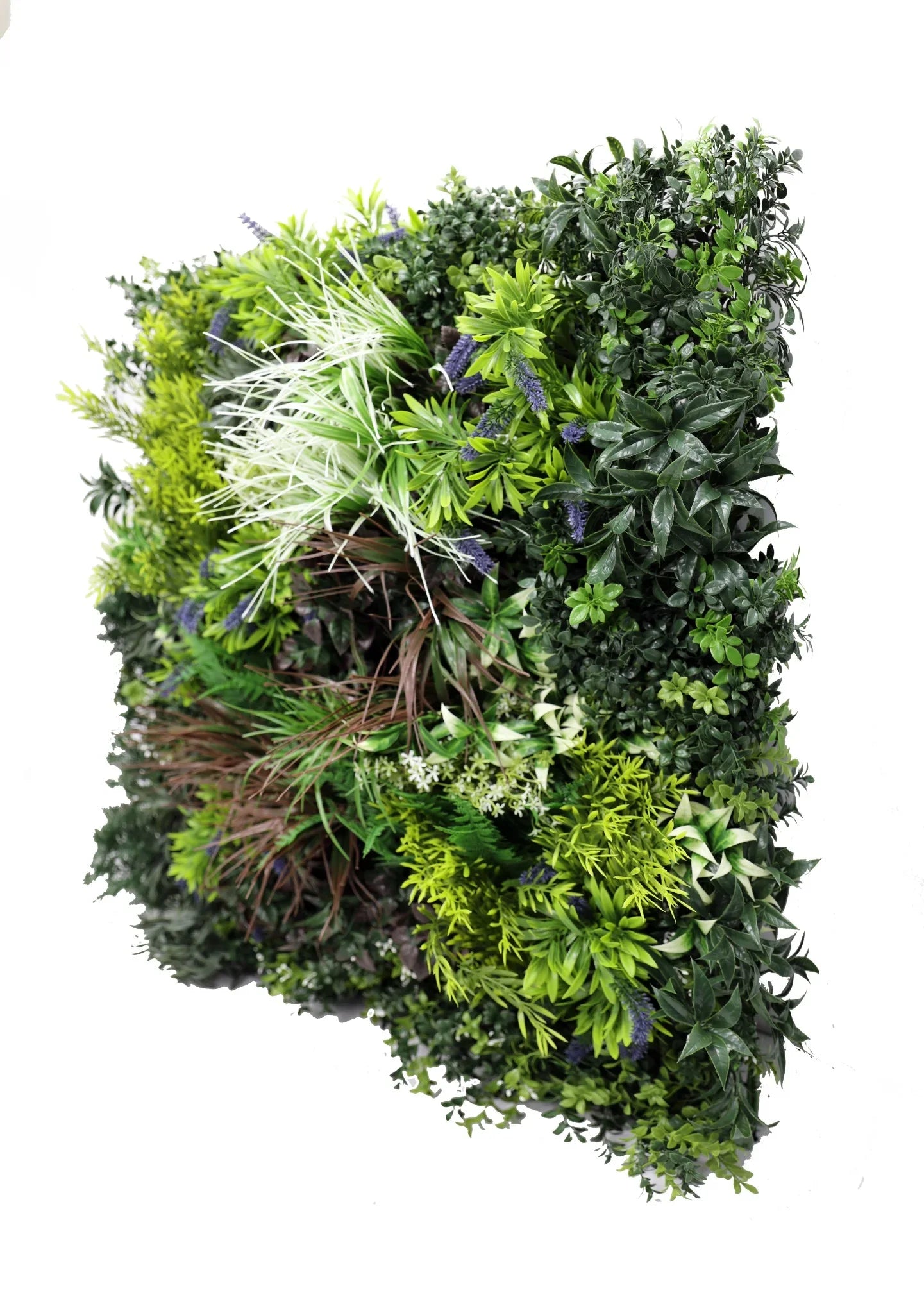 Side view of Designer Plants USA Tropical Forest artificial vertical garden panel, UV resistant, fire-rated, 35x35 inches, commercial grade.