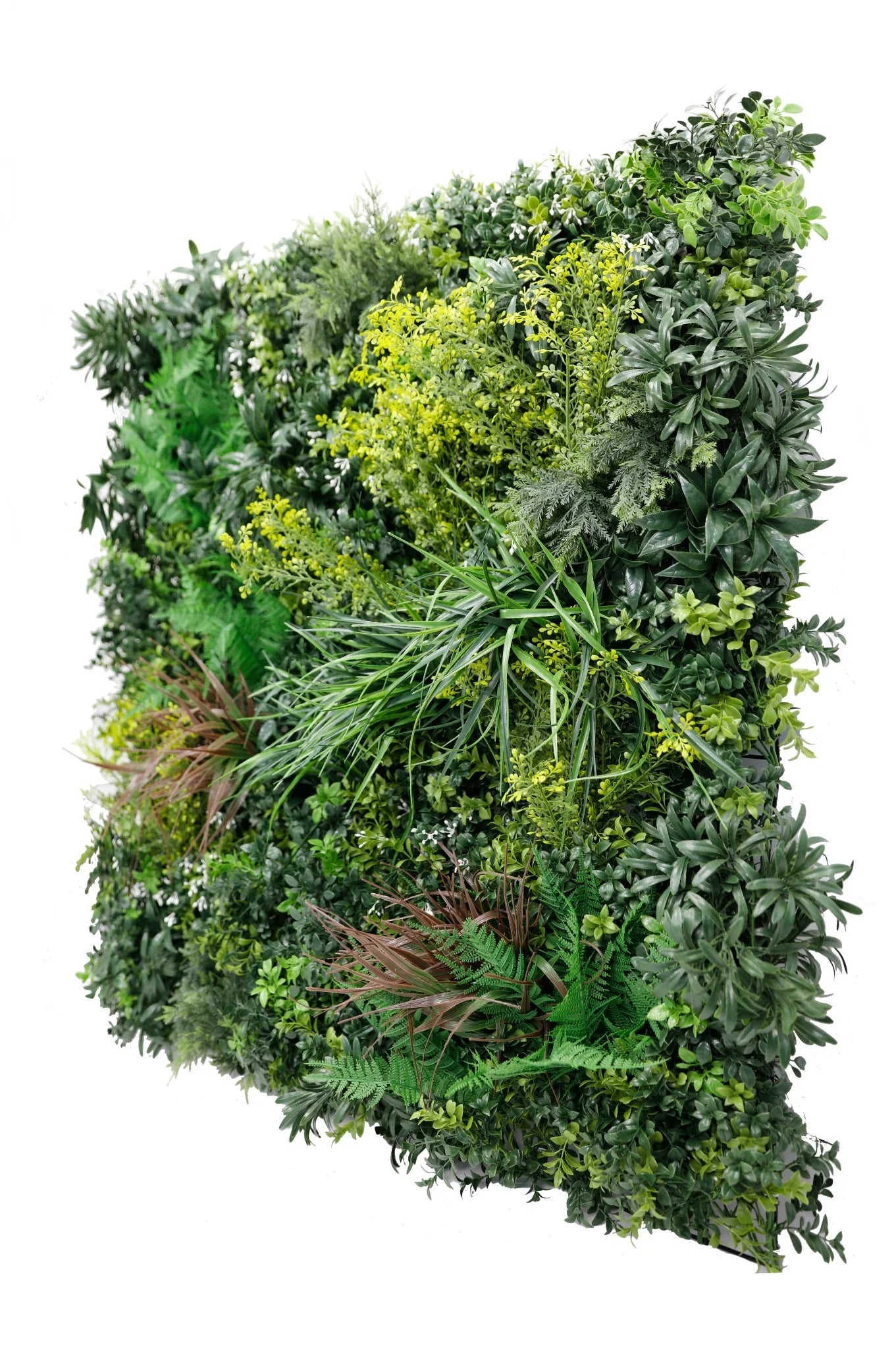 Front view of Designer Plants USA Tropical Vibe artificial green wall panel, UV resistant, fire-rated, 35x35 inches, for living wall decor.