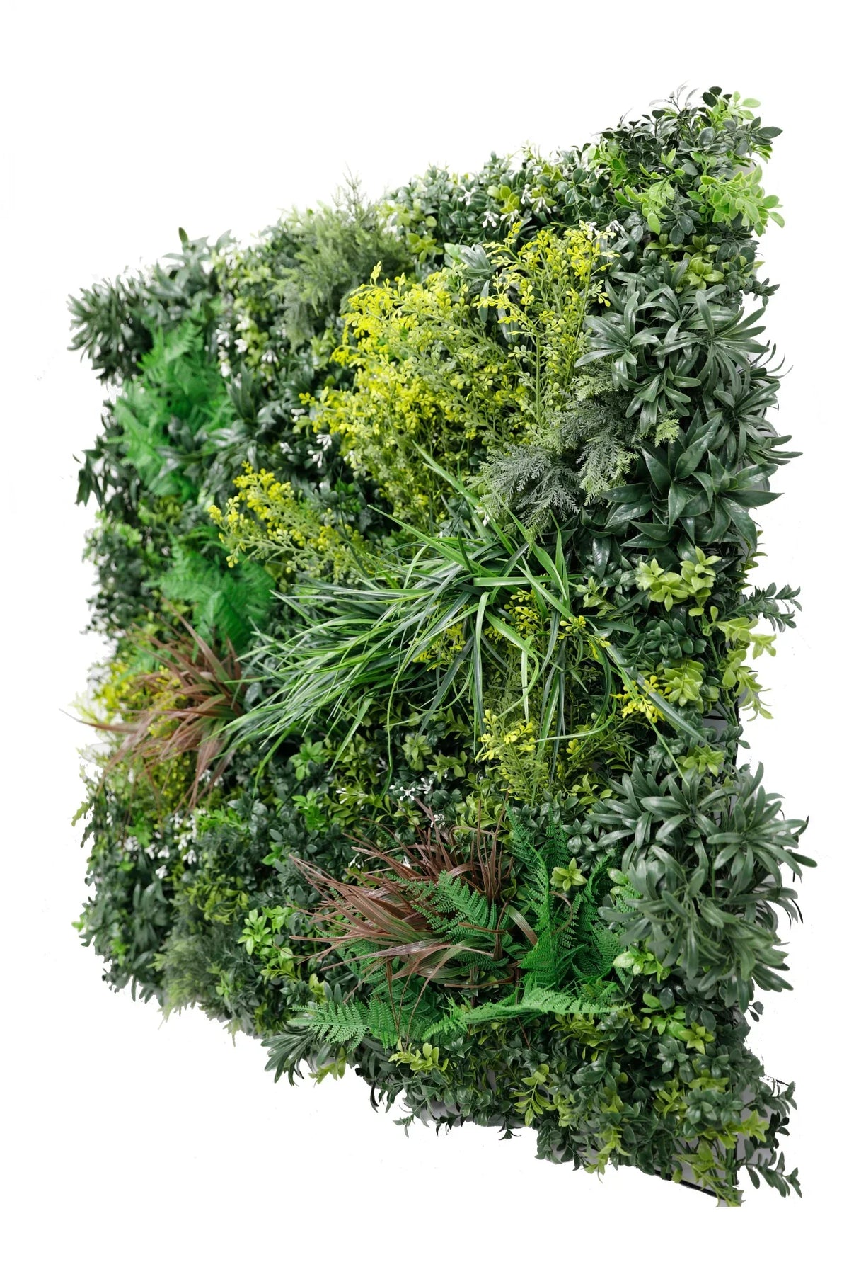 Front view of Designer Plants USA Tropical Vibe artificial green wall panel, UV resistant, fire-rated, 35x35 inches, for living wall decor.