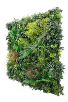 Front view of Designer Plants USA Tropical Vibe artificial green wall panel, UV resistant, fire-rated, 35x35 inches, for living wall decor.