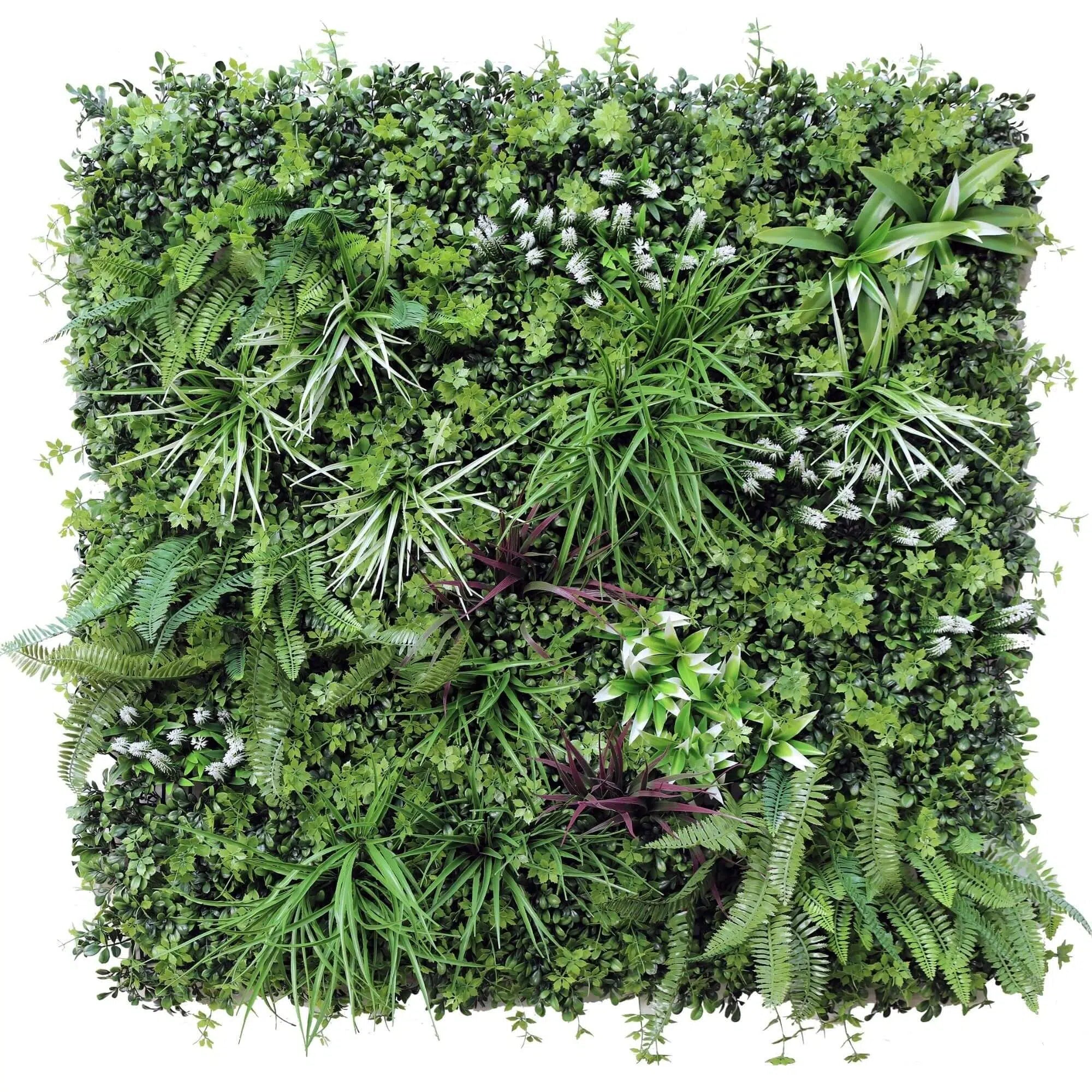 Artificial tropical vista green wall panel by Designer Plants USA, 40x40 inch UV-resistant living wall with lush foliage.