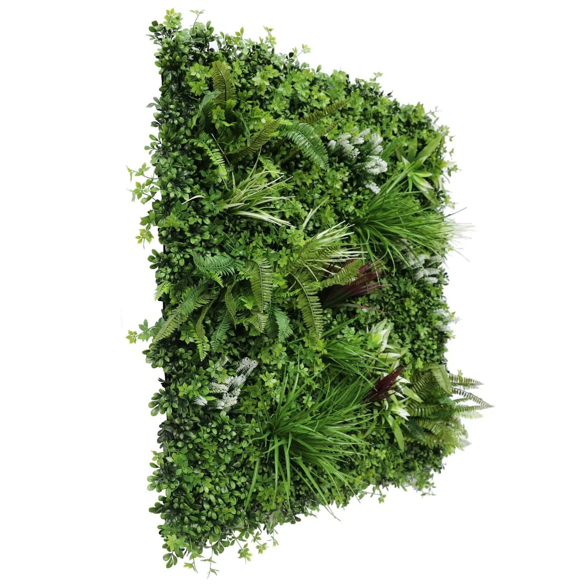Artificial green wall panel with lush grasses and ferns, tropical vista design, UV resistant commercial-grade living wall from Designer Plants USA.
