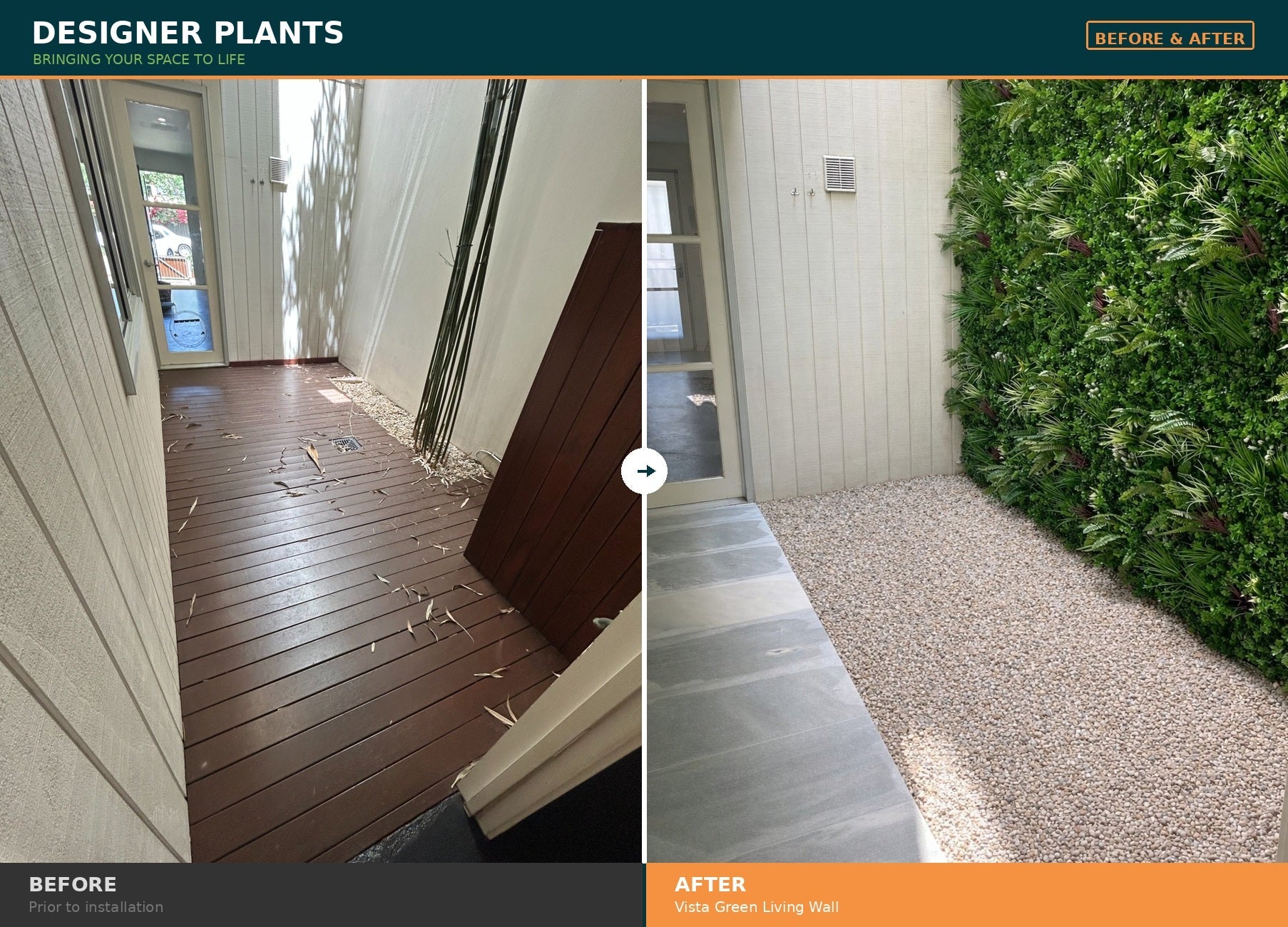 Before and after view of Designer Plants USA Tropical Vista artificial living wall panel, UV resistant green wall for commercial spaces