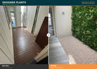 Before and after view of Designer Plants USA Tropical Vista artificial living wall panel, UV resistant green wall for commercial spaces