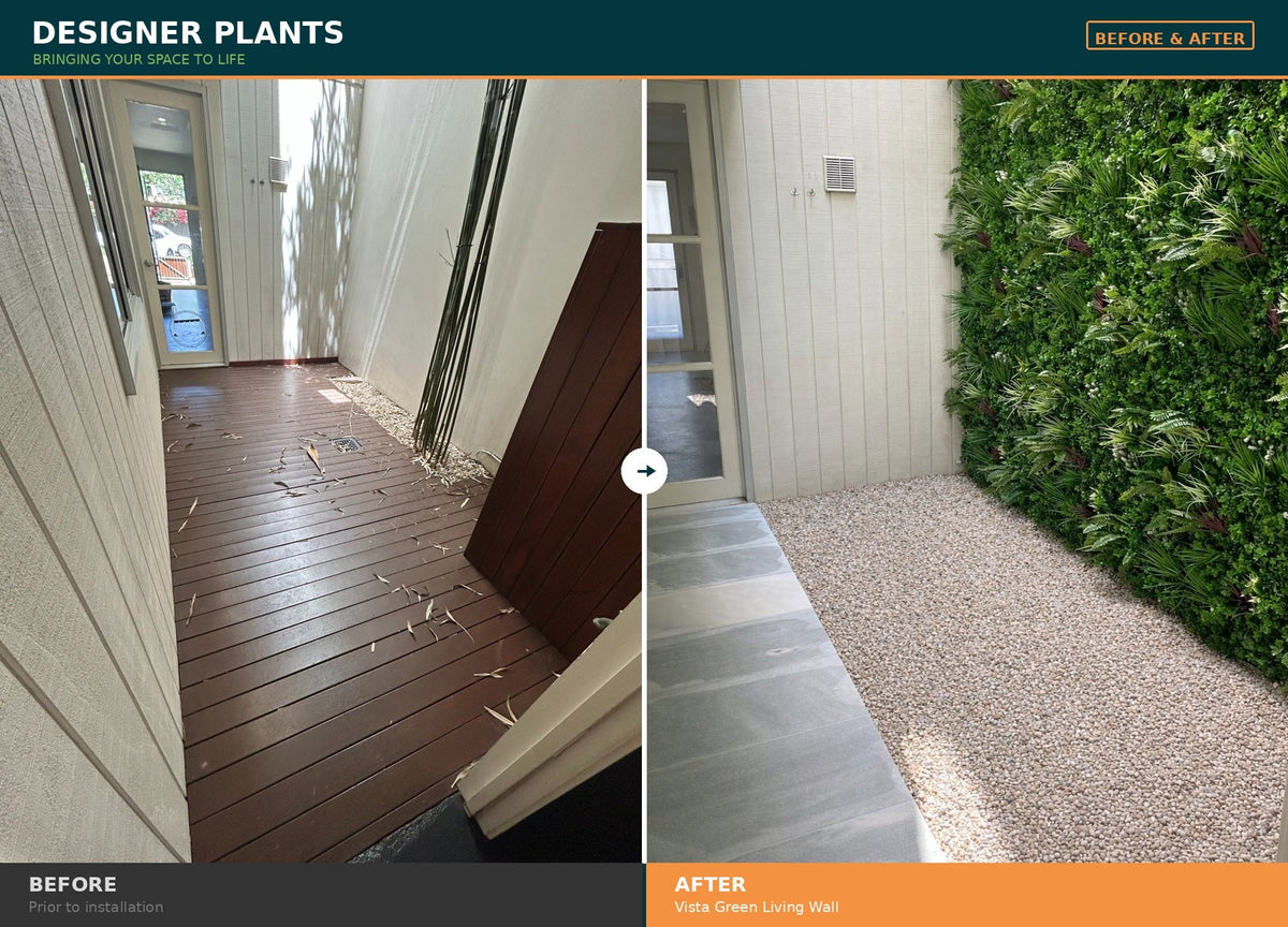 Before and after view of Designer Plants USA Tropical Vista artificial living wall panel, UV resistant green wall for commercial spaces