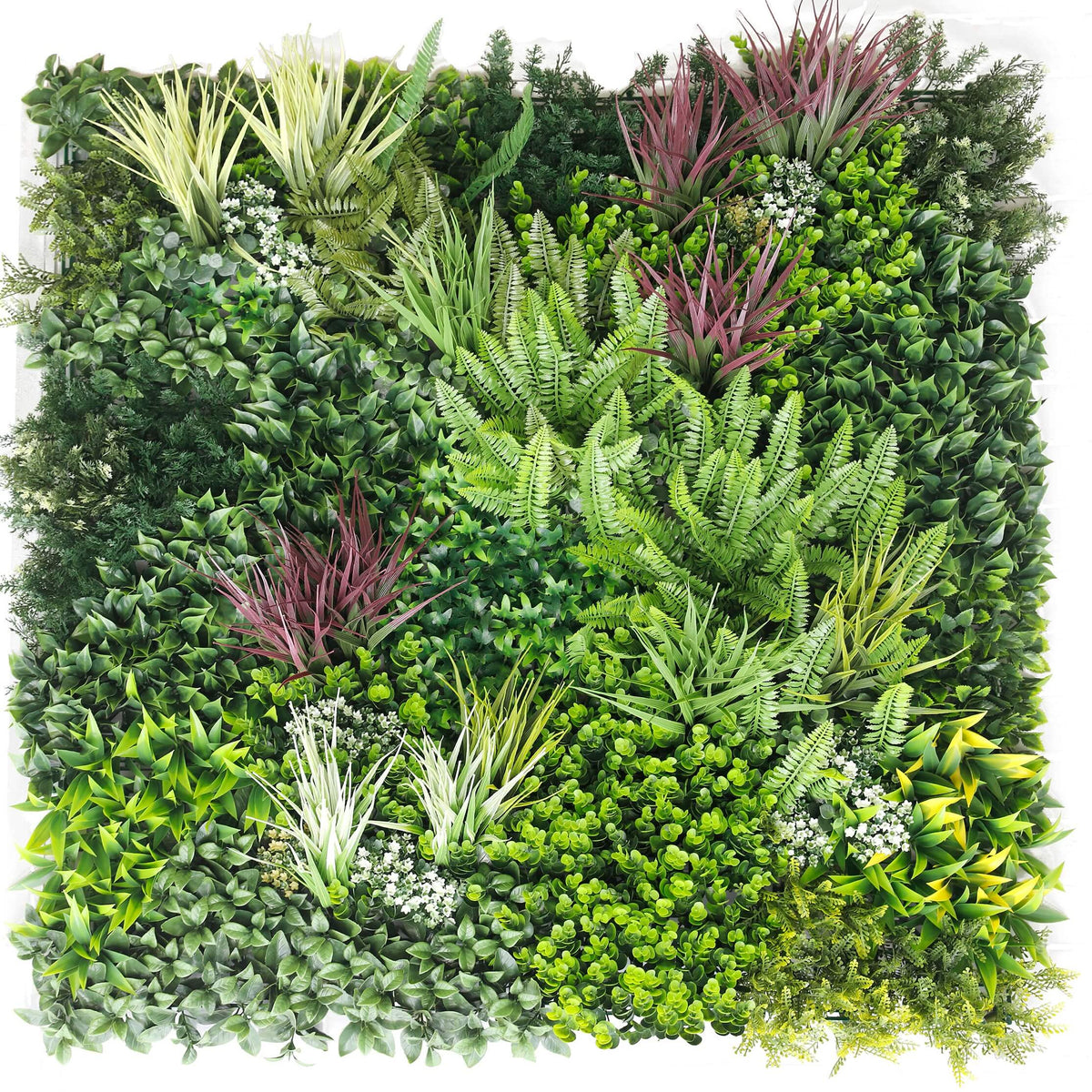 Artificial vertical garden wall panel with red grasses, UV resistant, commercial grade, 40x40 inches, by Designer Plants USA.