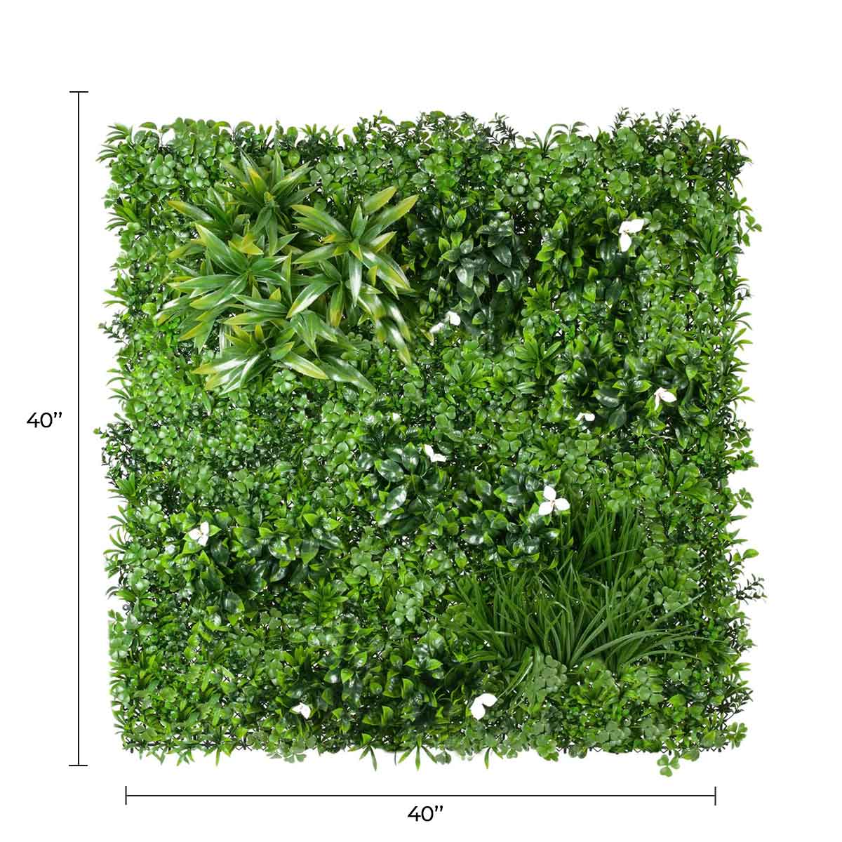 White Oasis artificial vertical garden panel by Designer Plants USA, UV resistant living wall with lush green foliage, 40x40 inches.