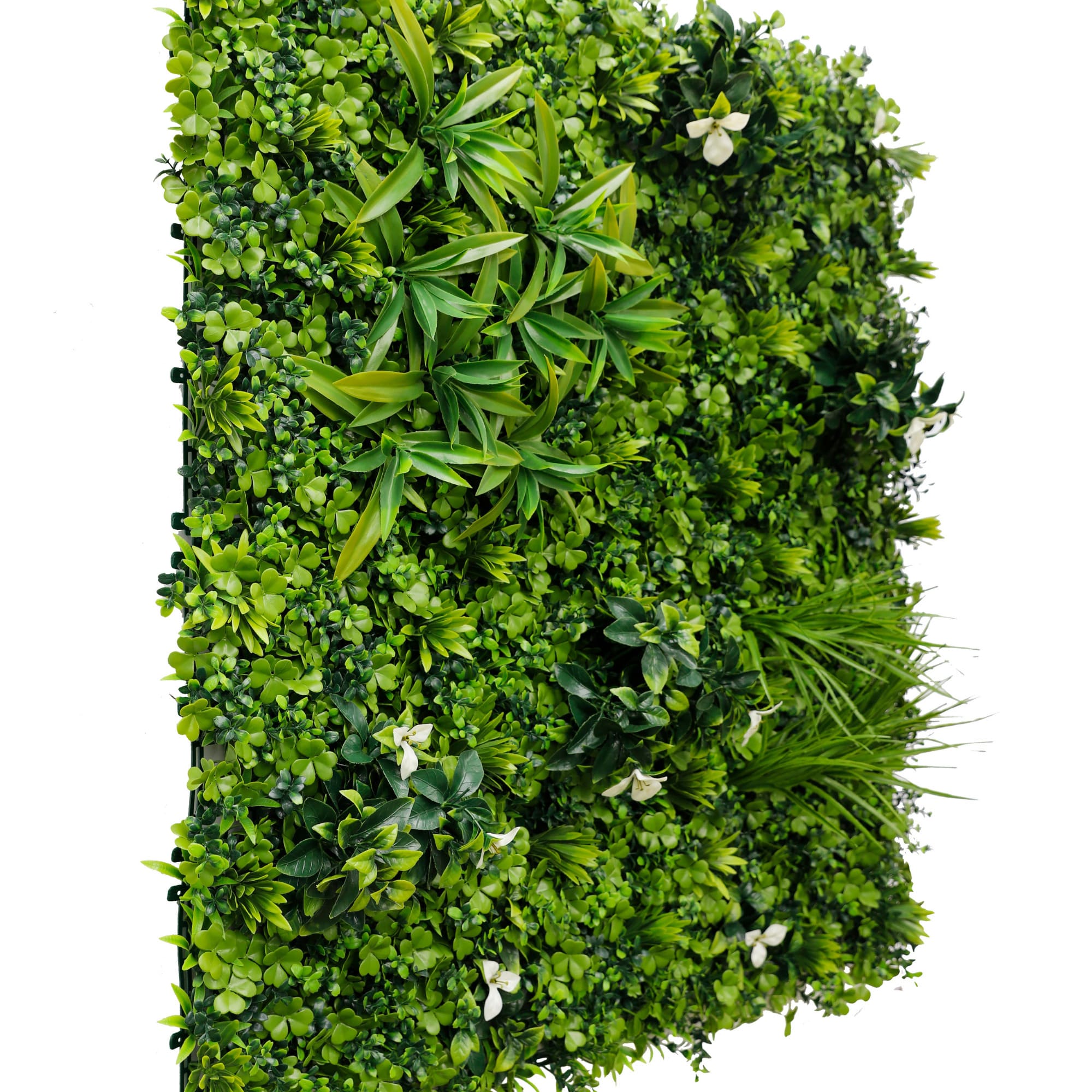 White Oasis artificial vertical garden wall panel by Designer Plants USA, UV resistant living wall with lush green foliage.