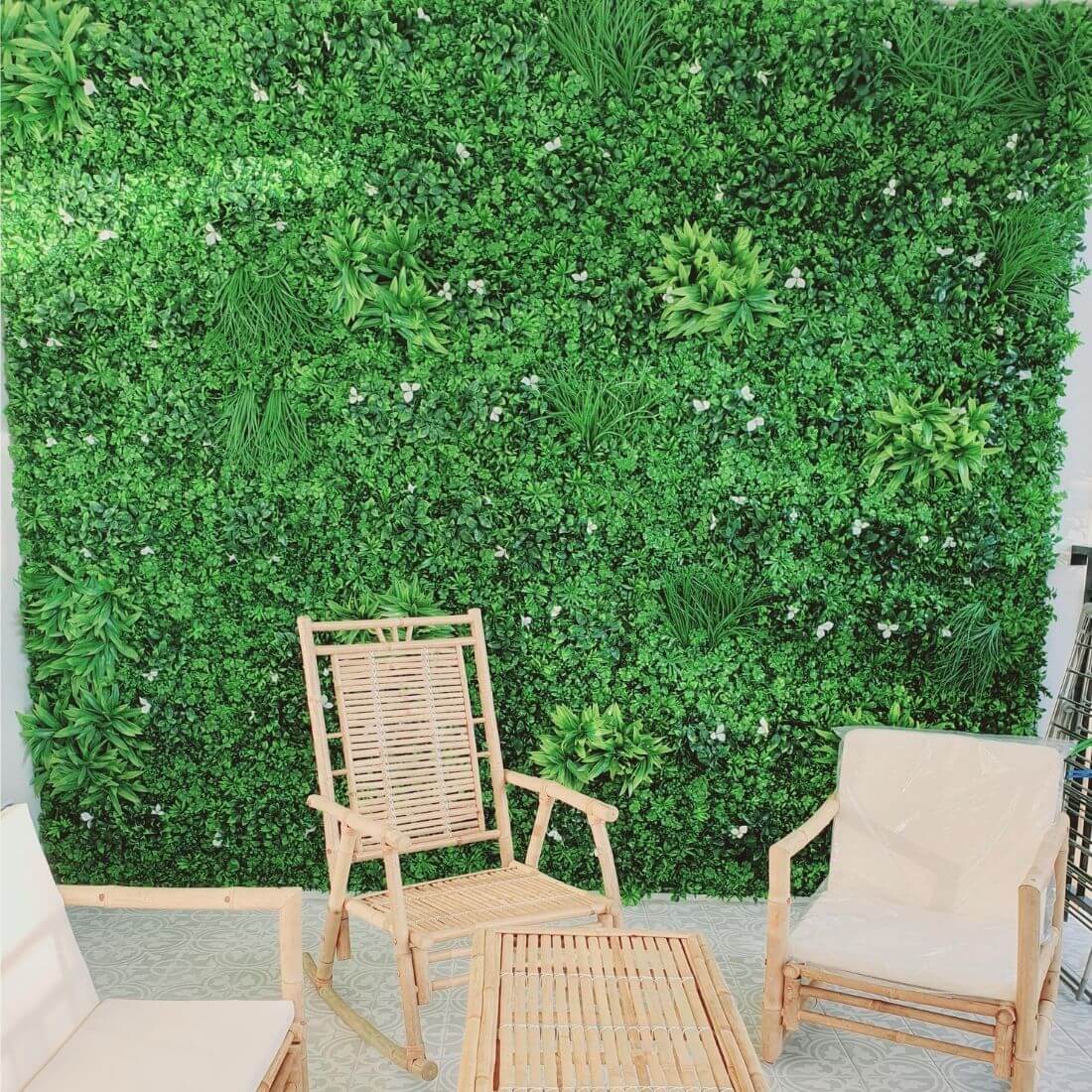 White Oasis artificial vertical garden panel by Designer Plants USA, UV resistant living wall for commercial or residential use.