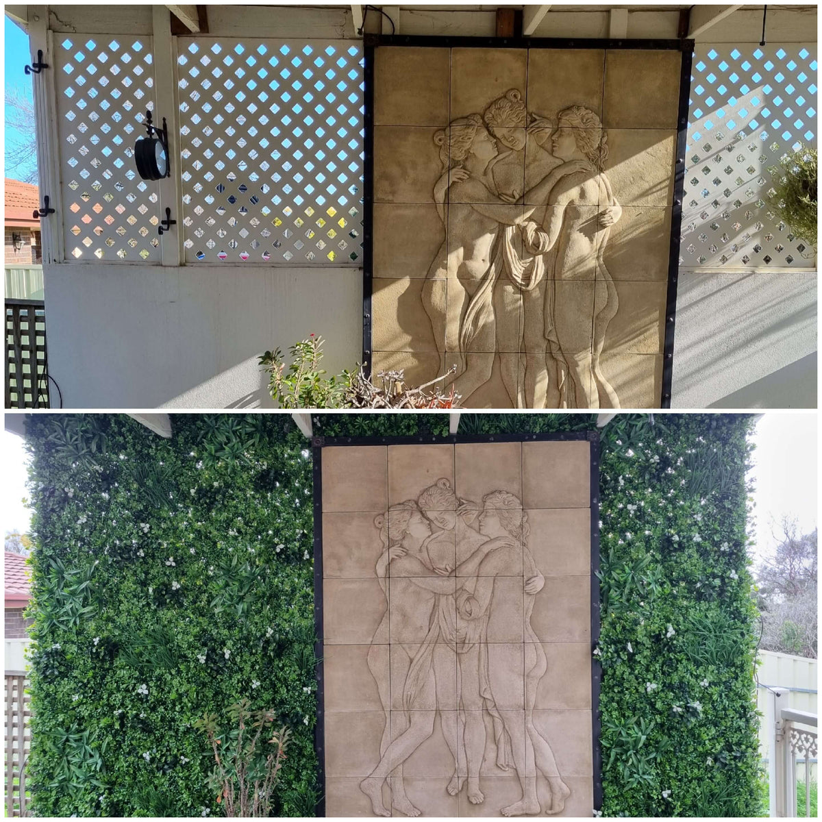 Artificial white Oasis vertical garden panel by Designer Plants USA, UV resistant living wall with lush green foliage, before and after view.