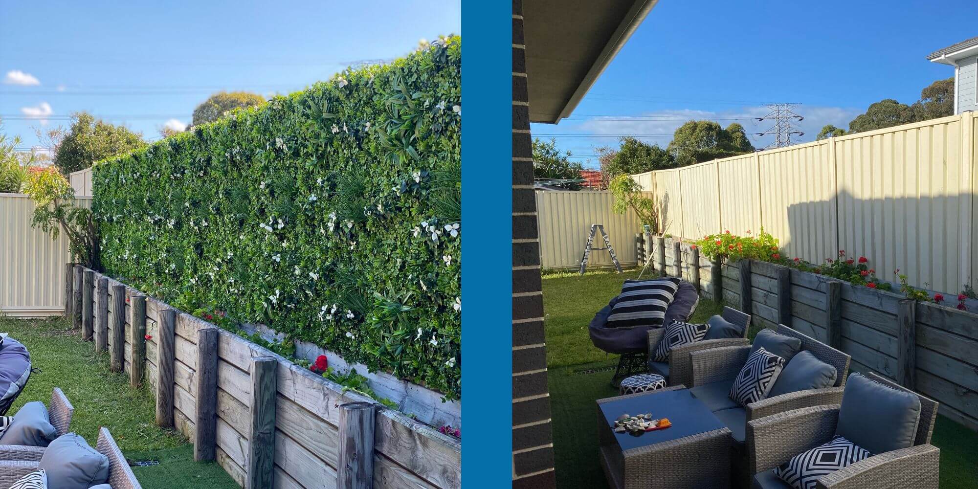 Artificial white oasis vertical garden wall panel by Designer Plants USA, showing before and after installation of a UV-resistant living wall.