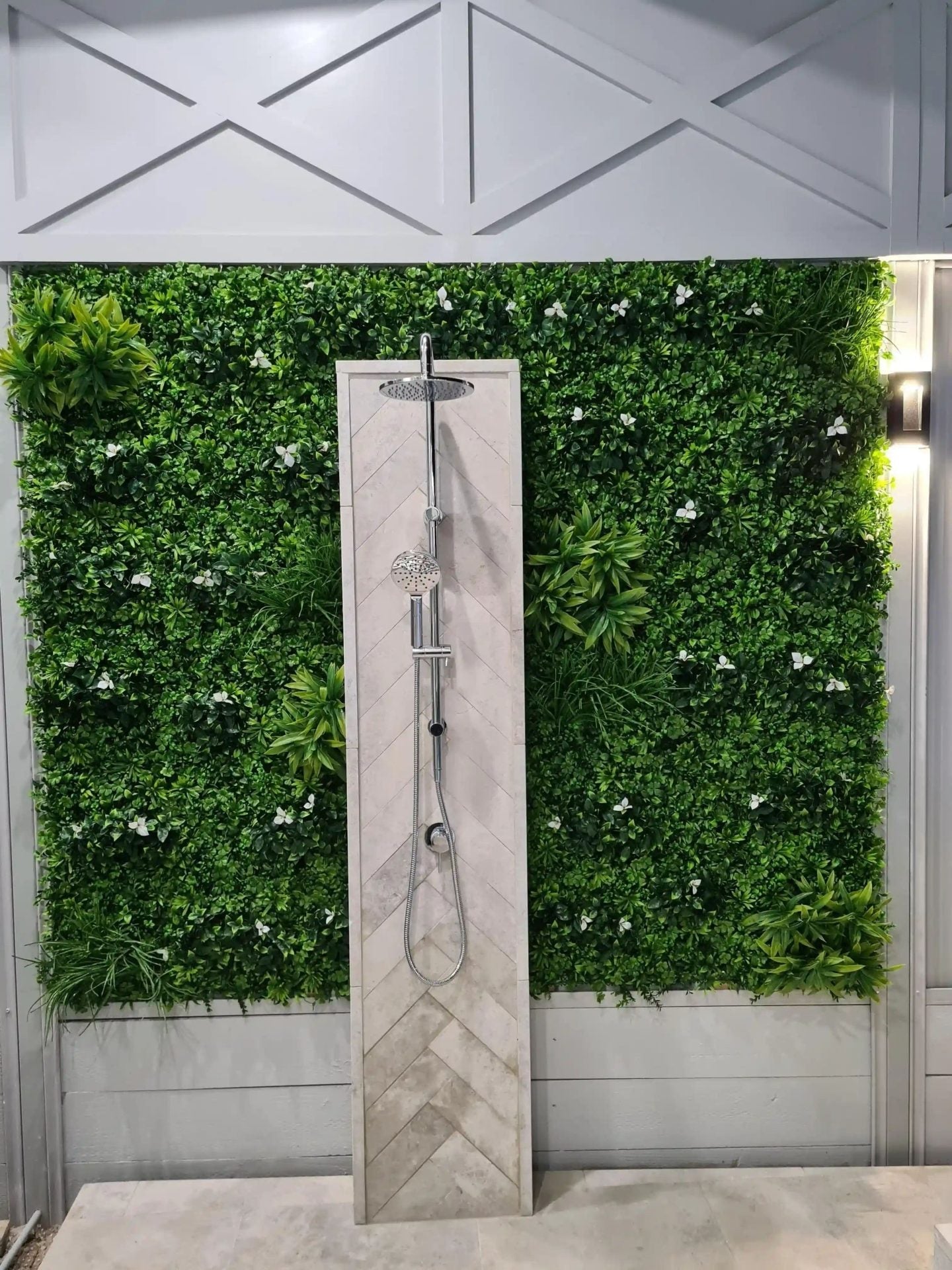White Oasis Artificial Vertical Garden Panel by Designer Plants USA, 40x40 inches, UV resistant living wall for bathrooms.