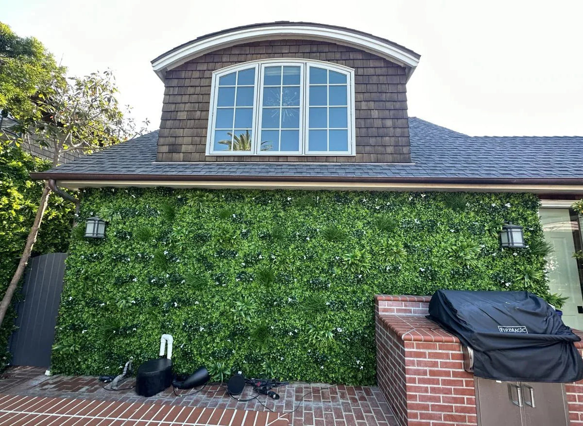 White Oasis artificial vertical garden wall panel by Designer Plants USA, UV resistant living wall for commercial or home use.