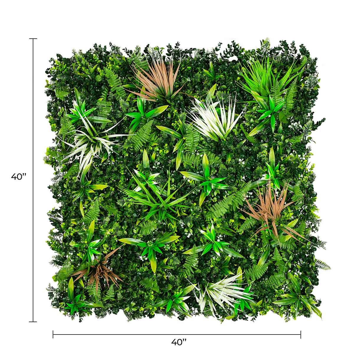 Artificial vertical garden panel by Designer Plants USA, luxury green wall with lush tropical foliage, UV resistant, 40x40 inches.
