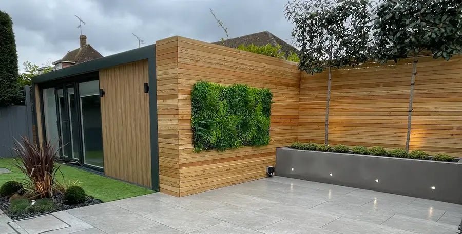 Small sample of Designer Plants USA Country Fern vertical garden panel, showcasing lush green fern leaves for outdoor wall decor.