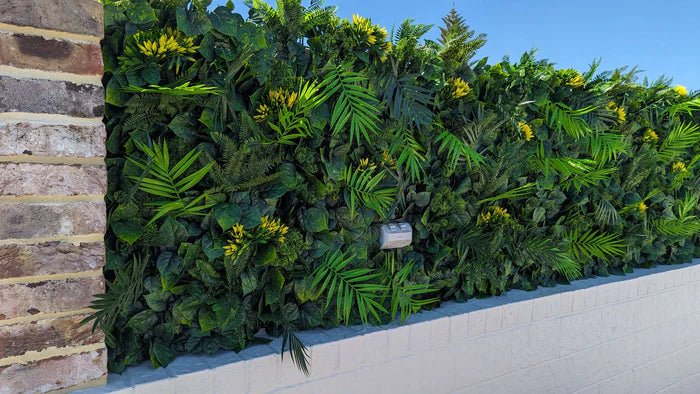 Small sample of Designer Plants USA Hawaiian Sunrise Flowering Vertical Garden panel with yellow flowers for rooftop garden decor.