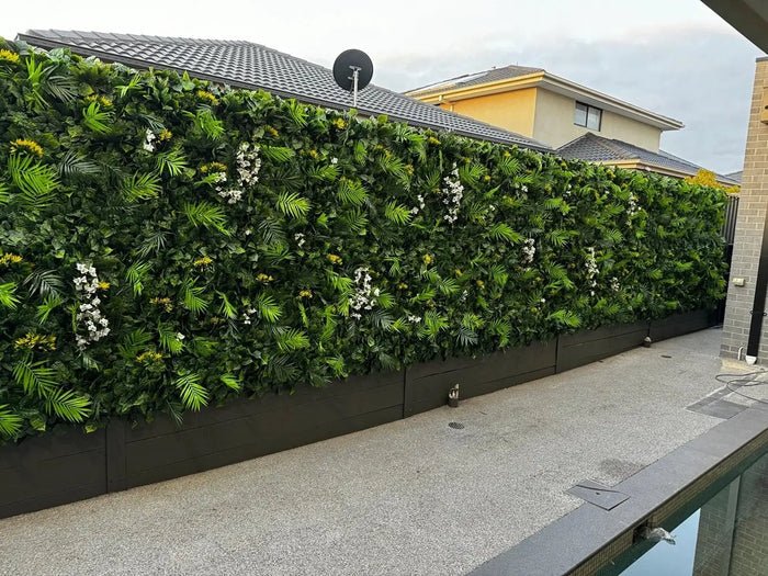 Small sample of Designer Plants USA Hawaiian Sunrise Flowering Vertical Garden panel with vibrant artificial tropical flowers.