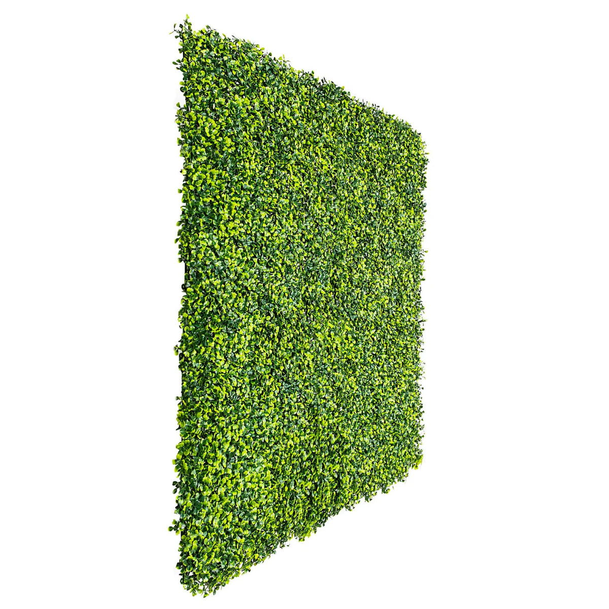 Small sample of Designer Plants USA mixed boxwood green wall panel showing lush, realistic artificial greenery for interior decor.