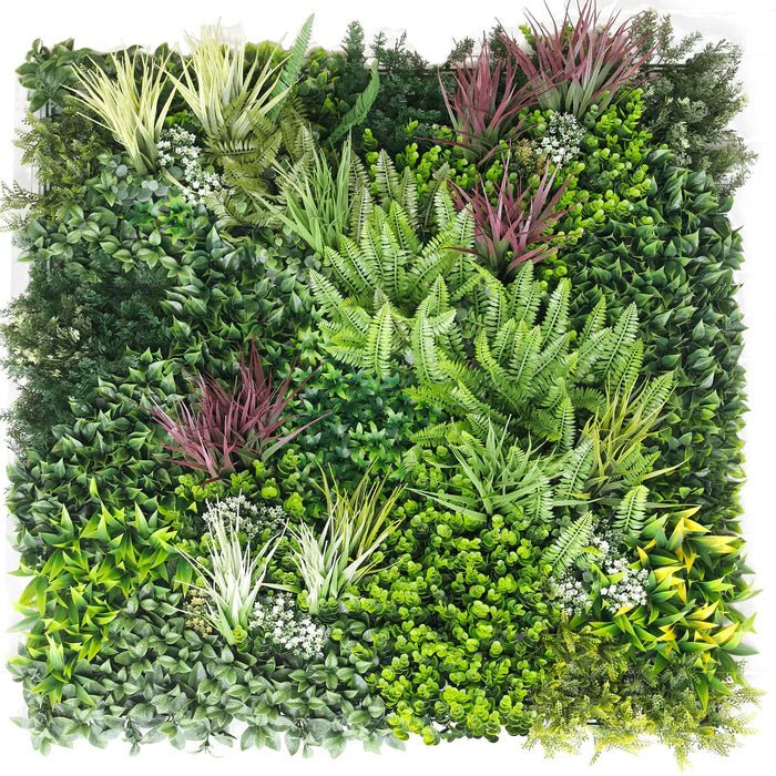 Small sample of Designer Plants USA Urban Greenery vertical garden panel with artificial green wall and red grasses.