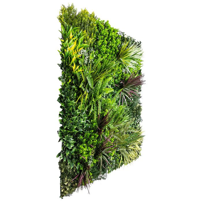 Small sample of Designer Plants USA urban greenery vertical garden with artificial green wall and red grasses, side view.