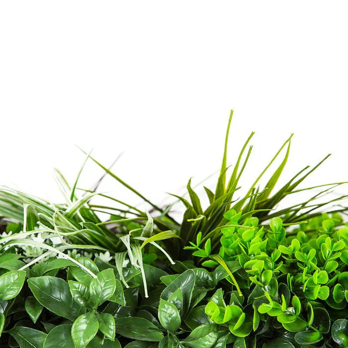 Small sample of Designer Plants USA Urban Greenery vertical garden panel featuring artificial green wall with red grasses and lush foliage.