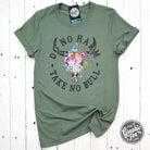 Heather sage crewneck short sleeve tee with graphic design saying "Do No Harm Take No Bull" by The Graphic Tee.