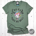 Heather sage crewneck short sleeve graphic tee by The Graphic Tee featuring the "Do No Harm Take No Bull" design.