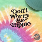The Graphic Tee Don't Worry Be Hippie crew neck tie-dye short sleeve graphic t-shirt with colorful hippie design.